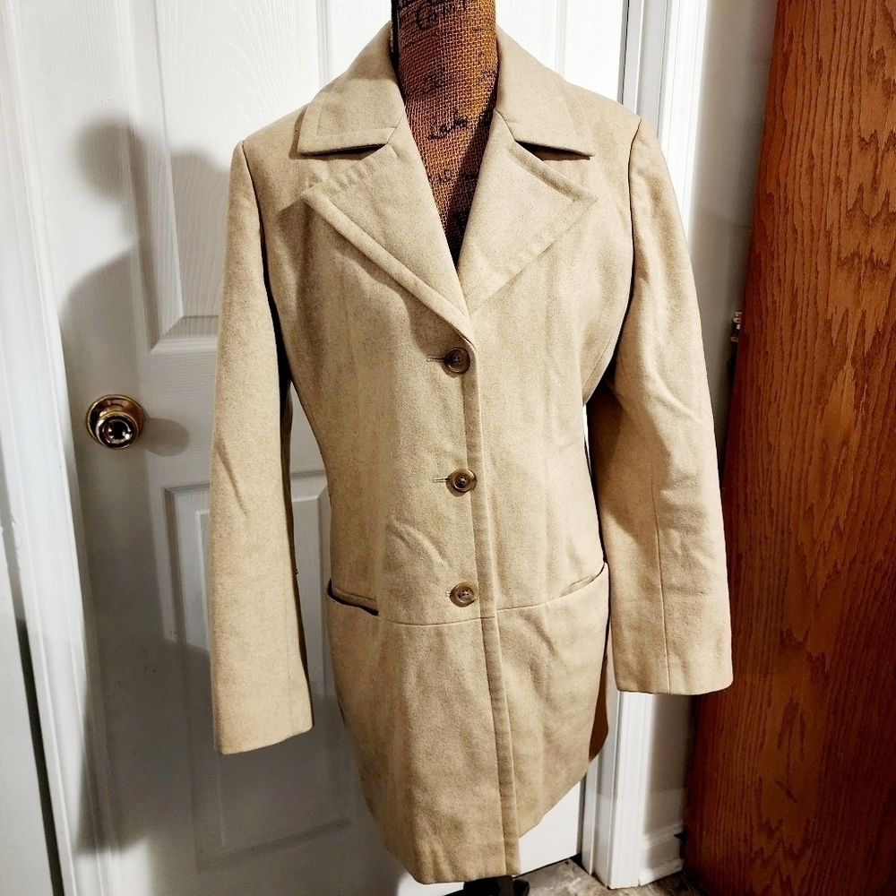 Banana Republic 80% Wool Cream Long Pea Coat Women's Large L Lined Slit Pockets